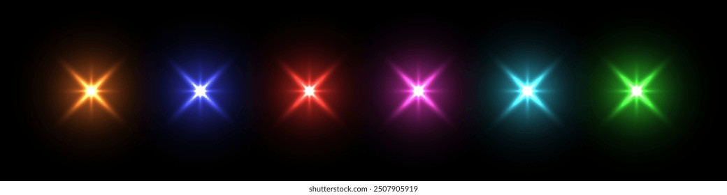 Shine light with flash effect set. Different color glow stars glared on black background. Bright sparkling vector illustration. Flash of light with ray beams in space. Abstract sunshine sparkle glare.