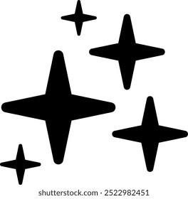 Shine, light and glitter shape. Black silhouettes of five stars of varying sizes arranged asymmetrically.