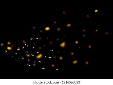 Shine lights in wavy shape with gold bokeh and shiny sparkle. Abstract wave line background with sparks, glow effect, luminous trail. Vector eps10.