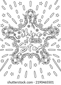 Shine like a star font with star mandala. Hand drawn with inspiration word. Doodles art for Happy Valentine's day card or greeting card. Coloring book for adults and kids.