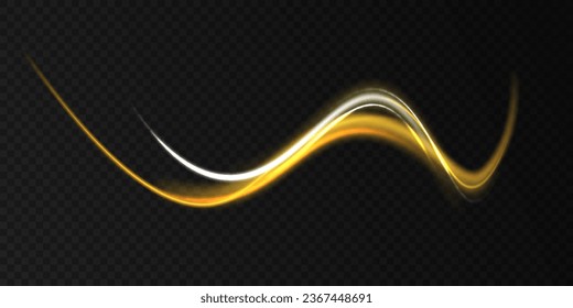 Shine magic gold swirl with flare sparkles. Curved yellow line light. Long exposure light painting photography, curvy lines of vibrant neon metallic yellow gold against a black background