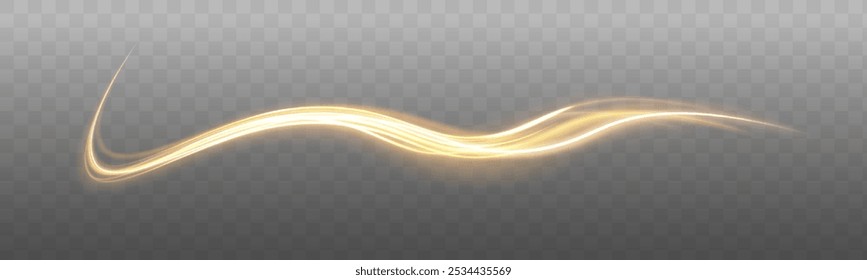 Shine magic gold swirl with flare sparkles. Yellow swirl, curved curve effect. Fire comet flying. Shining lights in motion with small particles.	