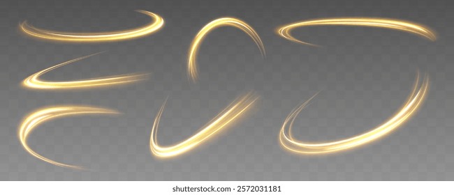 Shine magic gold swirl with flare sparkles. Rotating shining rings. Yellow magic spirals with sparkles. Golden glowing shiny spiral lines effect.	