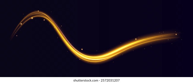 Shine magic gold swirl with flare sparkles. Curved yellow line light. Vector transparent sunlight special lens flare light effect. Blurred overlay effect for photo and mockups.	