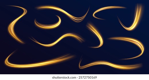 Shine magic gold swirl with flare sparkles. Rotating shining rings. Yellow magic spirals with sparkles. Golden glowing shiny spiral lines effect.	