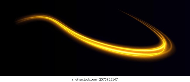 Shine magic gold swirl with flare sparkles. Curved yellow line light. Vector transparent sunlight special lens flare light effect. Blurred overlay effect for photo and mockups.	