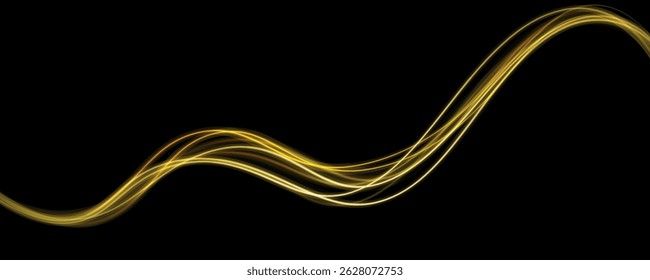 Shine magic gold swirl with flare sparkles. Curved yellow line light. Vector transparent sunlight special lens flare light effect. Blurred overlay effect for photo and mockups.