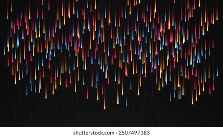 Brilla el diseño de fondo del meteoro con colores variantes. Diseño de fondo de meteoro de color degradado. Diseño de fondo de destellos de caída colorida con colores degradados rosa, azul y naranja. 