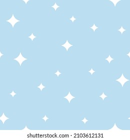 Shine minimal seamless pattern. Clean and fresh snowfall print for subtle background. White twinkles and stars on blue backdrop.