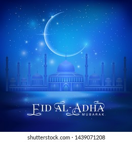 Shine moon, mosque silhouette on a night blue sky background and Eid Al Adha calligraphic congratulation. Vector Illustration for greeting card, poster and banner