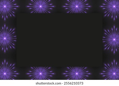 Shine new year stars Frame template design. Horizontal banner with Firework Frame and Blank space for greeting text. Firework explosion background. Vector illustration. 