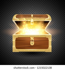 Shine in old wooden chest realistic composition on transparent background with vintage coffer and sparkling particles vector illustration