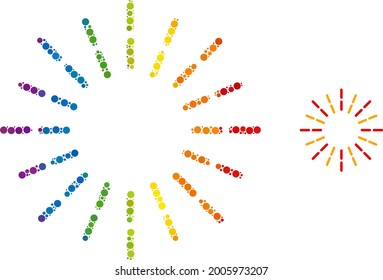 Shine rays collage icon of spheric dots in various sizes and rainbow colorful color tones. A dotted LGBT-colored shine rays for lesbians, gays, bisexuals, and transgenders.