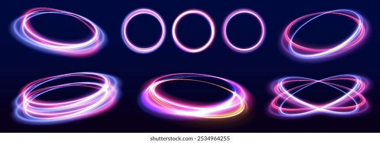 Shine round frame with light circles light effect. Round blue light twisted, Suitable for product advertising, product design, and other. Neon ellipse in the form of speed.	