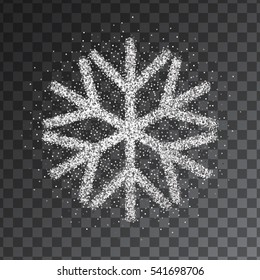 Shine silver snowflake with glitter on transparent background. Christmas decoration with sparkling effect. New Year Holiday glittering design for festive banner, card, invitation. Vector illustration.