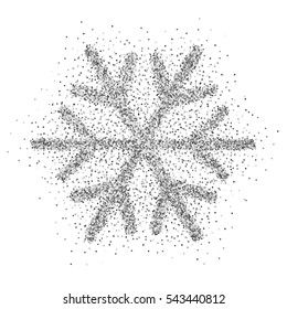 Shine silver snowflake with glitter on white background. Christmas decoration with sparkling light effect. New Year Holiday glittering design for festive banner, card, invitation. Vector illustration.