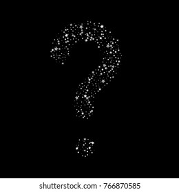 
Shine silver stars confetti. Scattered in the form of a question mark little silver, glitter gray elements. Stellar  falling on black background. New Year, Christmas background. Vector illustration.