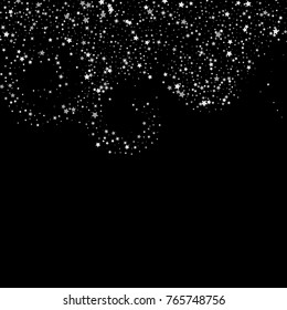 Shine silver stars, sprockets confetti. Scattered little silver, glitter gray elements. Random stellar   falling on black background. New Year and Christmas background. Vector illustration.