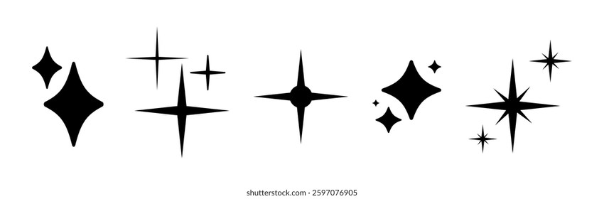 Shine, sparkle black stars set on a white background. Black sparkle star minimalist symbols. Shine retro simple icon. Flat blink twinkle, sunburst star trendy shapes. Magic light flare templates pack.