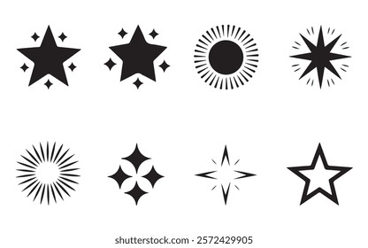 Shine or sparkle icon set, Set of blinking stars, sparks and sparkles. Shining twinkle sunburst shapes collection.