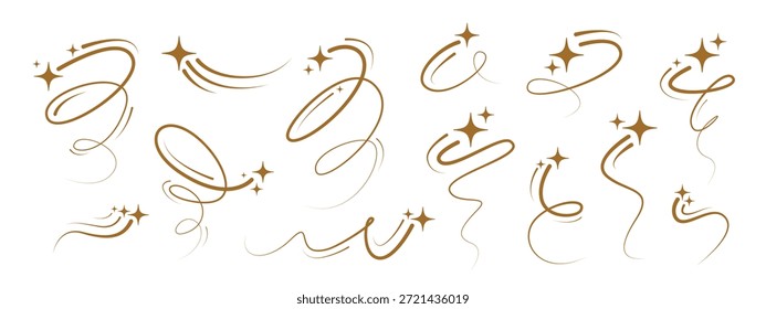 Conjunto de iconos de brillo brillante. Estrella que cae con la cola curvada. Estrella fugaz. Gesto de mago mágico. Concepto de la idea. Estrella de Vector parpadeante para el logotipo, Clipart de la chispa. Icono de cuerpo cósmico. 