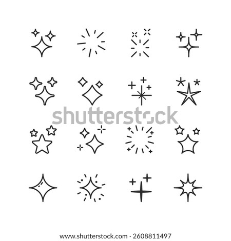 Shine and Sparkle, linear style icon set. Glowing stars, twinkles, light bursts and decorative sparkles. Symbols of cleanliness, magic, beauty and highlights. Editable stroke width