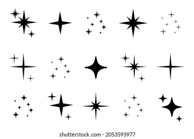 Shine sparkle star icon set. Twinkle star black silhouette for sparkle, glitter light, magic flare effect. Isolated vector illustration.