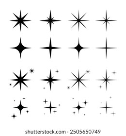 Shine sparkle star icon set. Twinkle star black silhouette for sparkle, glitter light, magic flare effect.