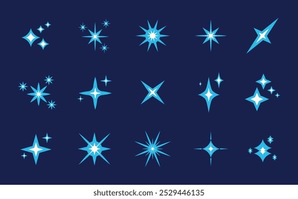 Brillo o estrella brillante en Ilustración vectorial de color azul sobre fondo azul. Iconos de estrellas brillantes. Icono de brillo. Estrellas brillan garabatos Vector.