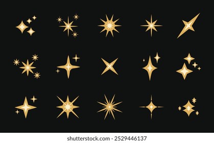 Shine or sparkle star set in golden color vector illustration on black background. Sparkle star icons. Shine icon. Stars sparkle doodles vector.