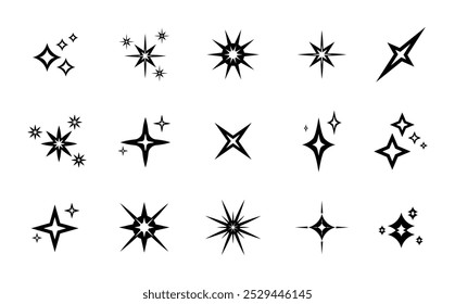 Shine or sparkle star set in stroke style vector illustration in black color. Sparkle star icons. Shine icon. Stars sparkle doodles vector.
