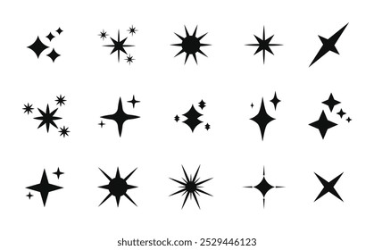 Shine or sparkle star set vector illustration in black color. Sparkle star icons. Shine icon. Stars sparkle doodles vector.