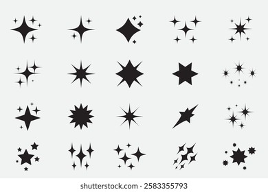 Shine or sparkle vector retro set on white background. Collection of star shapes in black color. Y2k abstract signs. Shine icon. Vector illustration.
