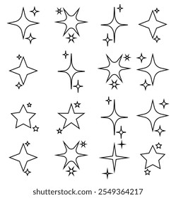 Shine or sparkle vector set. Different stars in black color on white background. Sparkle star icons. Shine icon. Stars sparkle doodles vector.