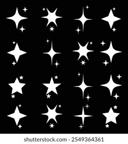 Shine or sparkle vector set. Different stars in white color on black background. Sparkle star icons. Shine icon. Stars sparkle doodles vector.