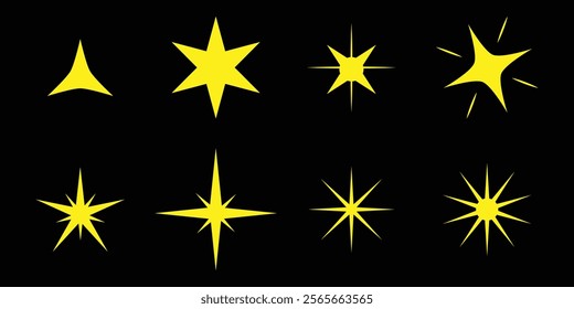 Shine or sparkle vector set of eight various stars in golden color on black background. Sparkle star icons. Shine icon. decorative twinkle and bursts forms, abstract shining flash symbols, glowing.