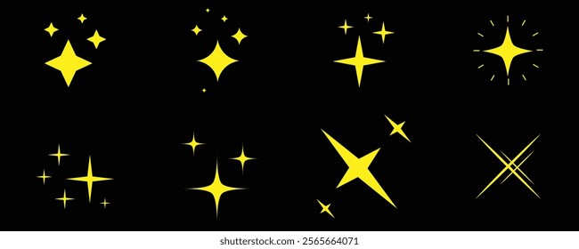 Shine or sparkle vector set of eight various stars in golden color on black background. Sparkle star icons. Shine icon. decorative twinkle and bursts forms, abstract shining flash symbols, glowing.