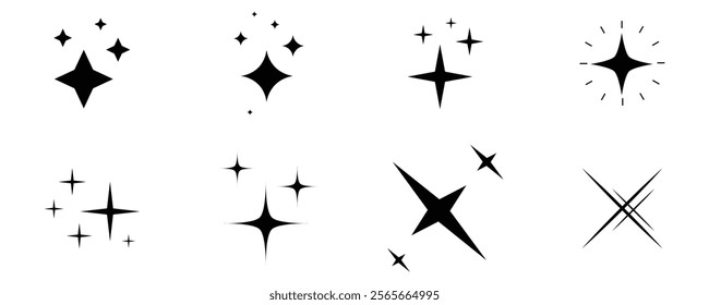 Shine or sparkle vector set of eight various stars in black color on white background. Sparkle star icons. Shine icon. decorative twinkle and bursts forms, abstract shining flash symbols, glowing.