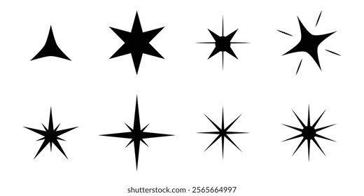 Shine or sparkle vector set of eight various stars in black color on white background. Sparkle star icons. Shine icon. decorative twinkle and bursts forms, abstract shining flash symbols, glowing.