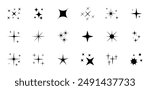 Shine or sparkle vector set of eighteen various stars in black color on white background. Sparkle star icons. Shine icon. Stars sparkle doodles vector.