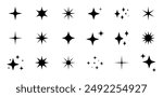 Shine or sparkle vector set of eighteen different stars in black color on white background. Sparkle star icons. Shine icon. Stars sparkle doodles vector.