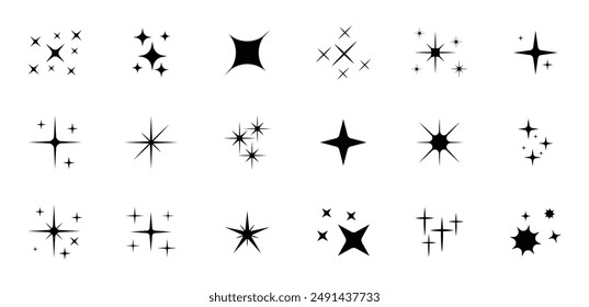 Conjunto de Vector brillante o brillante de dieciocho estrellas diversas en color negro sobre fondo blanco. Iconos de estrellas brillantes. Icono de brillo. Las estrellas brillan con Vector de garabatos.