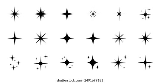 Conjunto de Vector brillante o brillante de dieciocho estrellas diferentes en color negro sobre fondo blanco. Iconos de estrellas brillantes. Icono de brillo. Las estrellas brillan con Vector de garabatos.