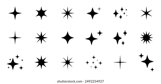 Shine or sparkle vector set of eighteen different stars in black color on white background. Sparkle star icons. Shine icon. Stars sparkle doodles vector.