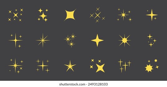 Shine or sparkle vector set of eighteen different stars in yellow color on black background. Sparkle star icons. Shine icon. Stars sparkle doodles vector.