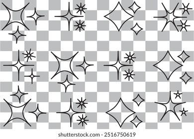 Shine or sparkle vector set of eighteen various stars in black color on white background. Sparkle star icons. Shine icon. Stars sparkle doodles vector.