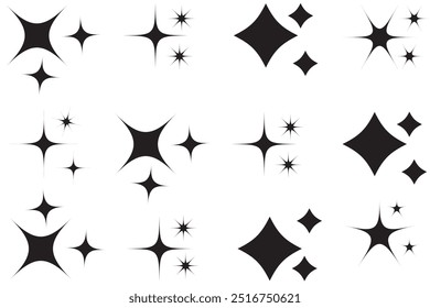 Brillo o destello conjunto de Vector de dieciocho estrellas diversas en color negro sobre fondo blanco. Iconos de estrellas brillantes. Icono de brillo. Estrellas brillan garabatos Vector.