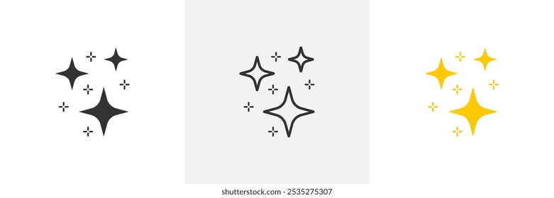 Brillo o destello conjunto de Vector de dieciocho estrellas diversas en color negro sobre fondo blanco. Iconos de estrellas brillantes. Icono de brillo.