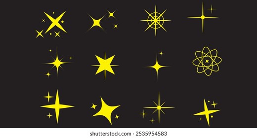 Leuchtender oder funkelnder Vektorsatz von achtzehn verschiedenen Sternen in schwarzer Farbe auf weißem Hintergrund. Funkelsternsymbole. Glanzsymbol. 10 EPS