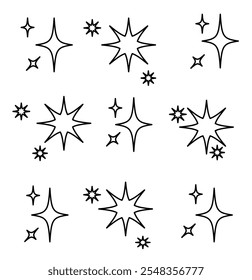 Brillo o destello conjunto de Vector de dieciocho estrellas diversas en color negro sobre fondo blanco. Iconos de estrellas brillantes. 